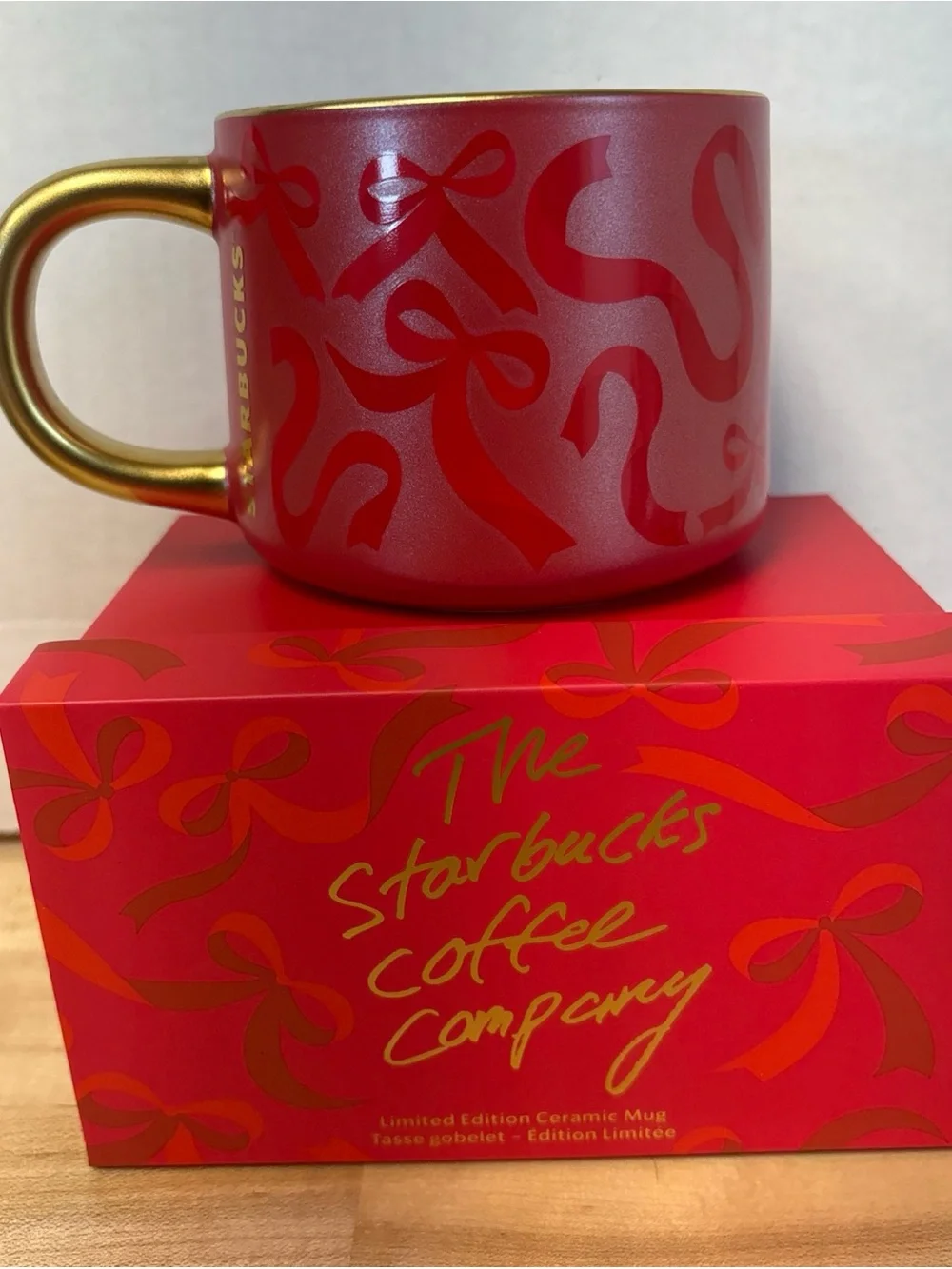 Starbucks Limited Edition Red Gold Ribbon Mug NIB Mint Condition